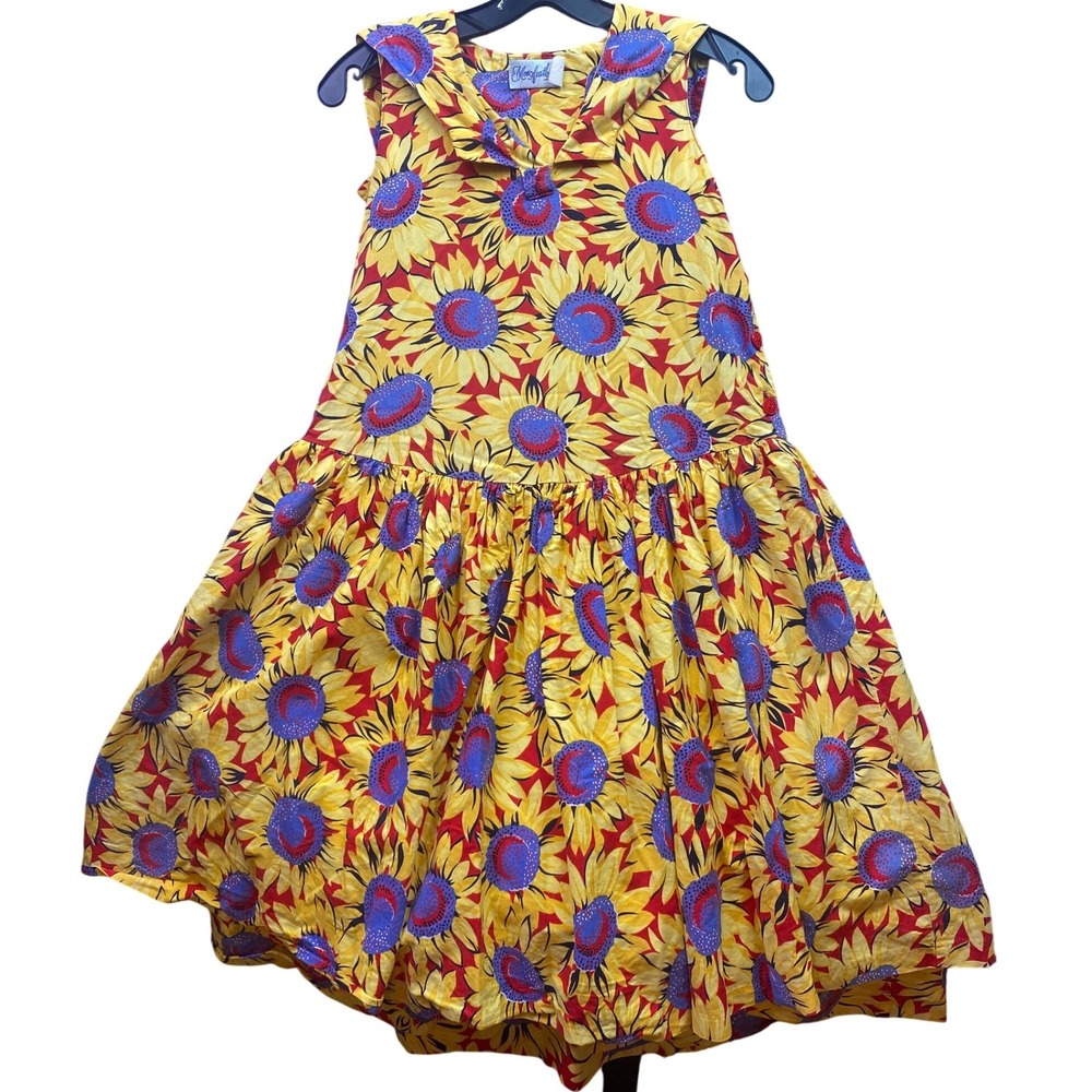 Vintage Mousefeathers Dress Girls 12 Sunflowers AOP Sleeveless Sailor Buttons‎